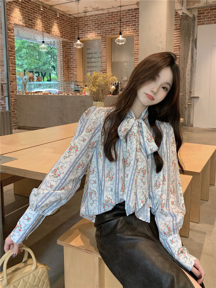 【tops】花柄リボン長袖ブラウスG23814