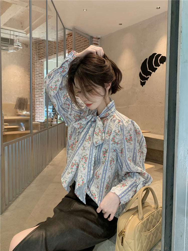 【tops】花柄リボン長袖ブラウスG23814