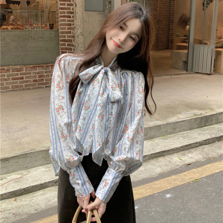 【tops】花柄リボン長袖ブラウスG23814