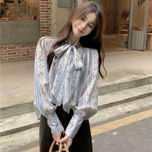 【tops】花柄リボン長袖ブラウスG23814