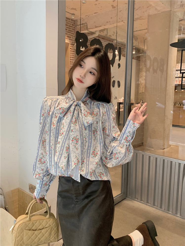 【tops】花柄リボン長袖ブラウスG23814