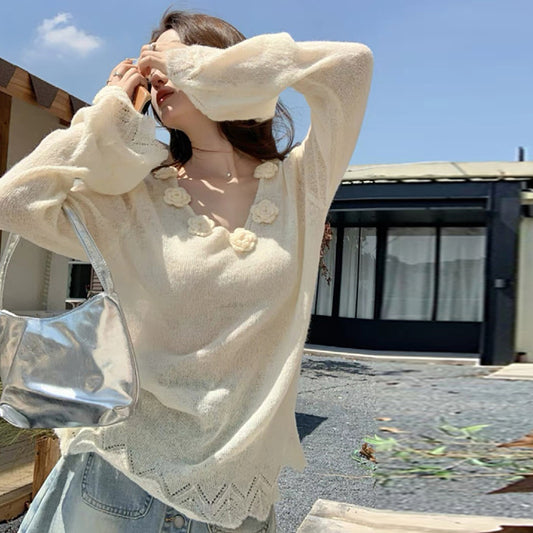 【tops】Vネックフラワー長袖ニットG23816