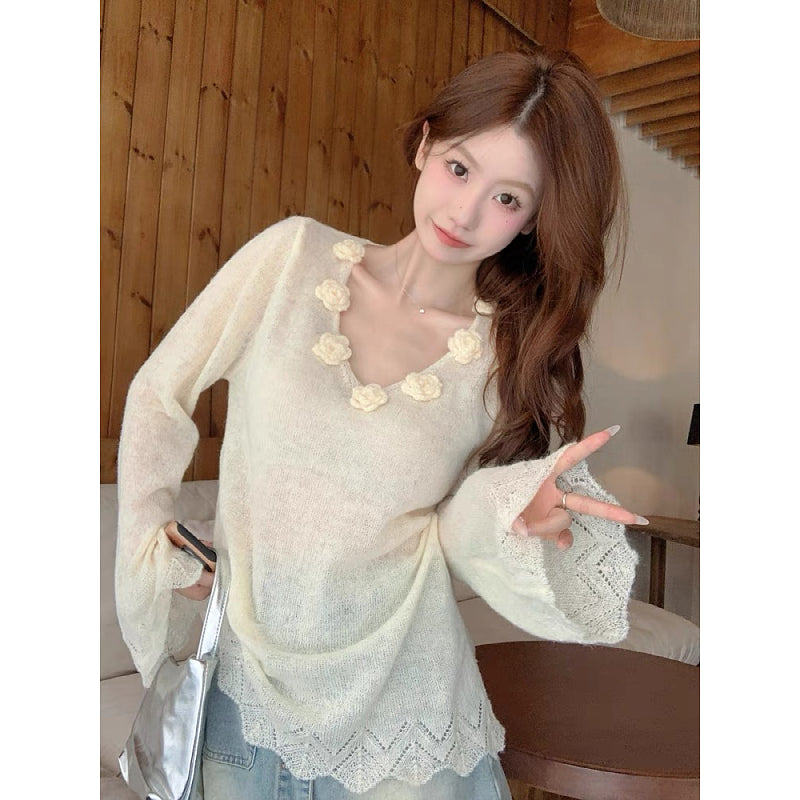 【tops】Vネックフラワー長袖ニットG23816