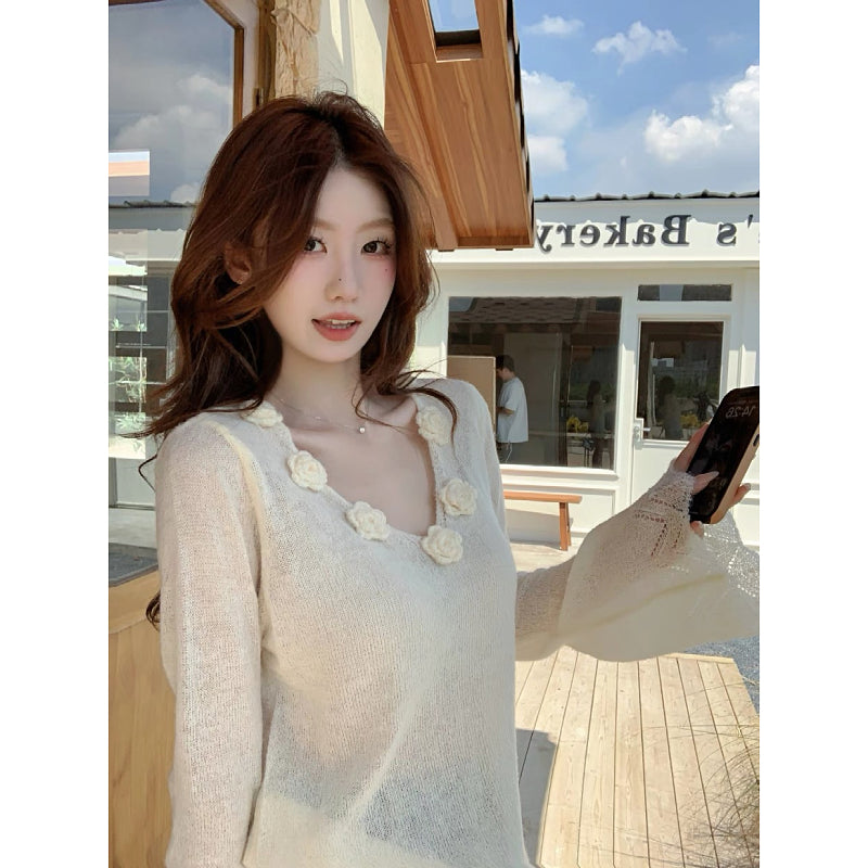 【tops】Vネックフラワー長袖ニットG23816