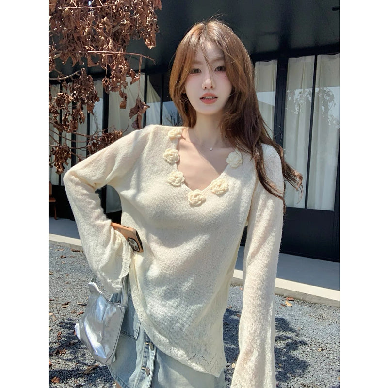 【tops】Vネックフラワー長袖ニットG23816