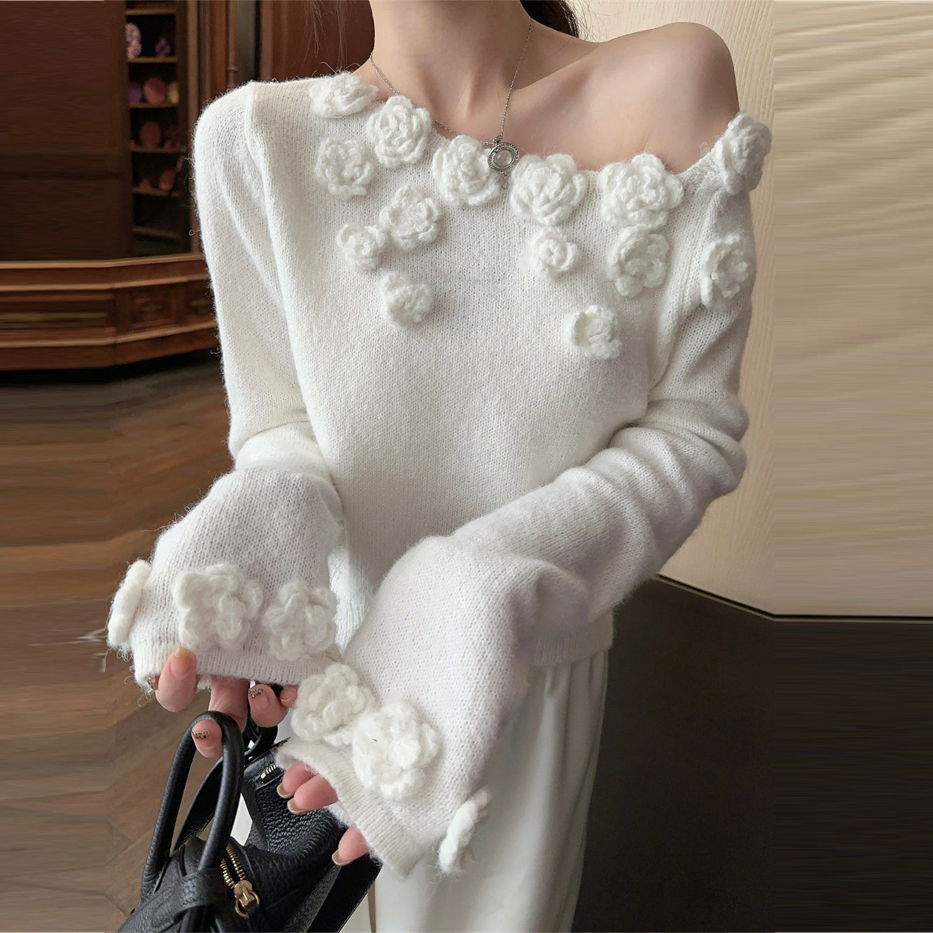 【tops】オープンショルダーフラワーニットセーターG23818