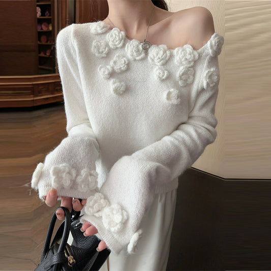 【tops】オープンショルダーフラワーニットセーターG23818