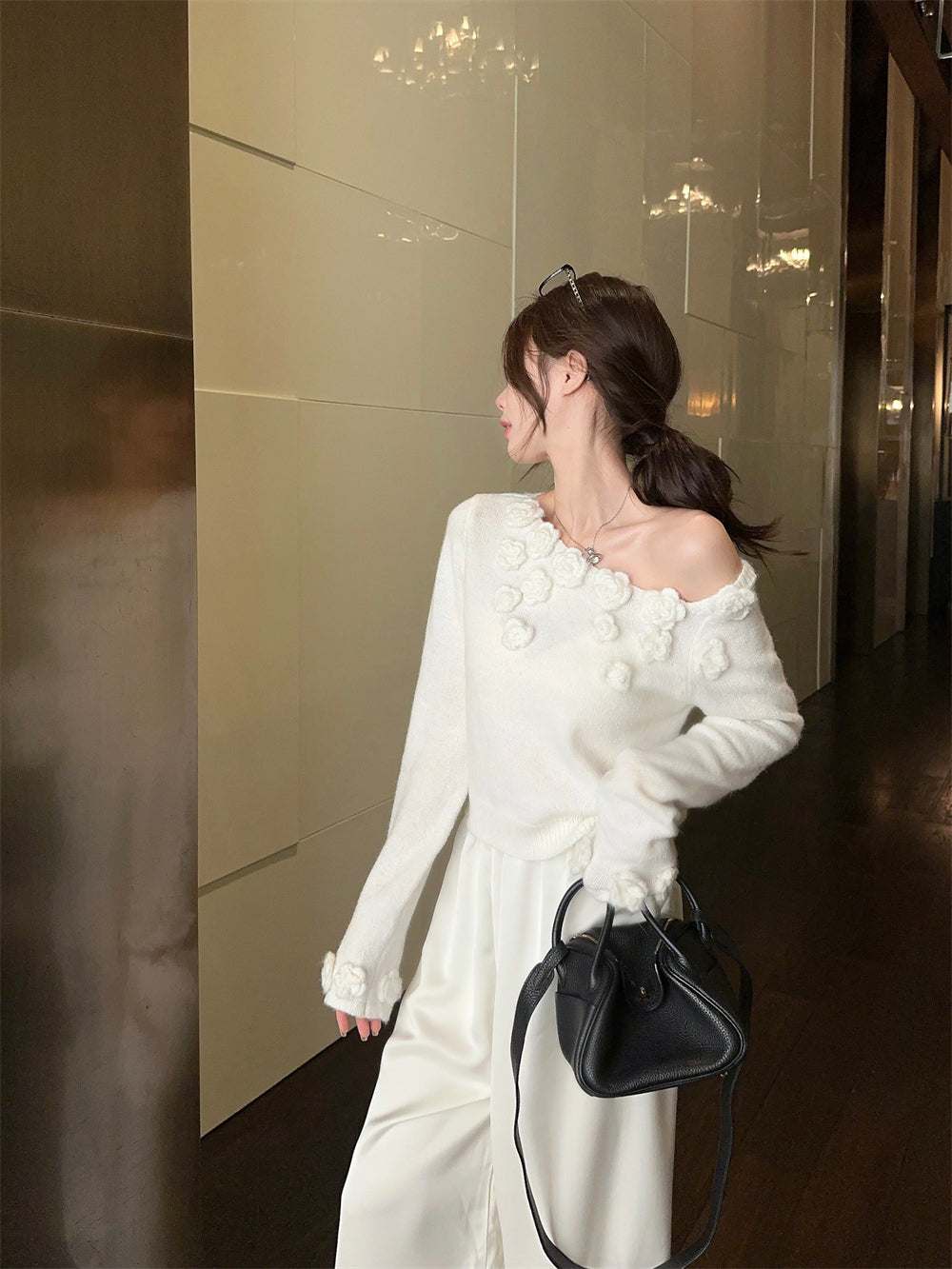 【tops】オープンショルダーフラワーニットセーターG23818