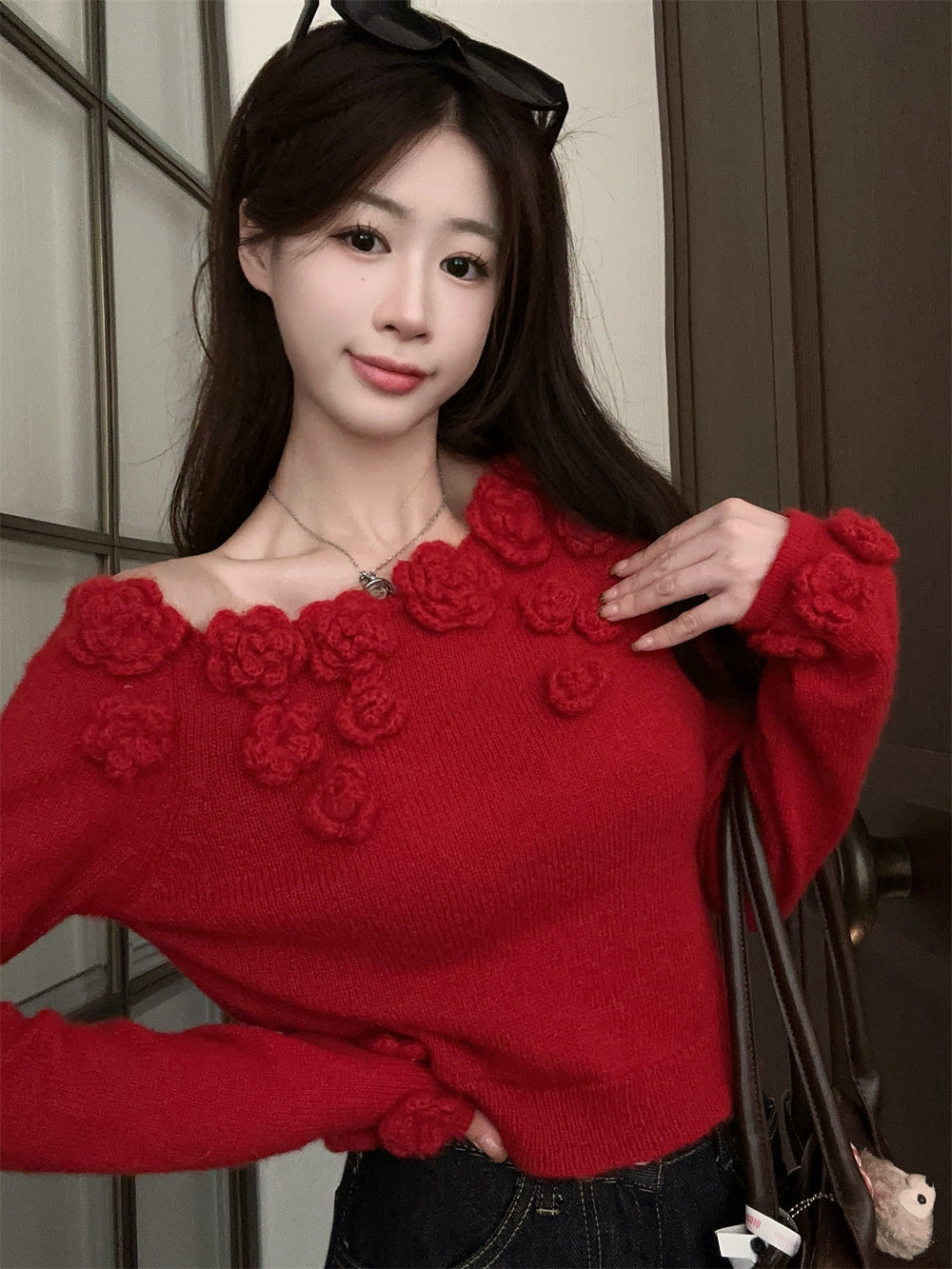 【tops】オープンショルダーフラワーニットセーターG23818