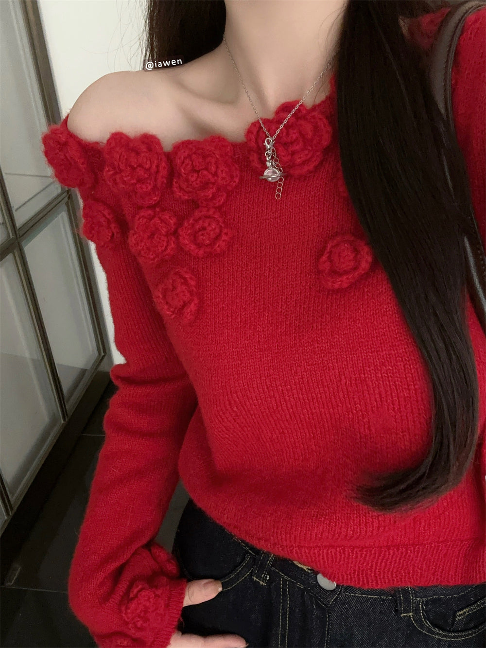 【tops】オープンショルダーフラワーニットセーターG23818