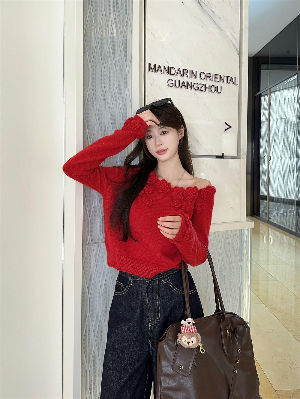 【tops】オープンショルダーフラワーニットセーターG23818