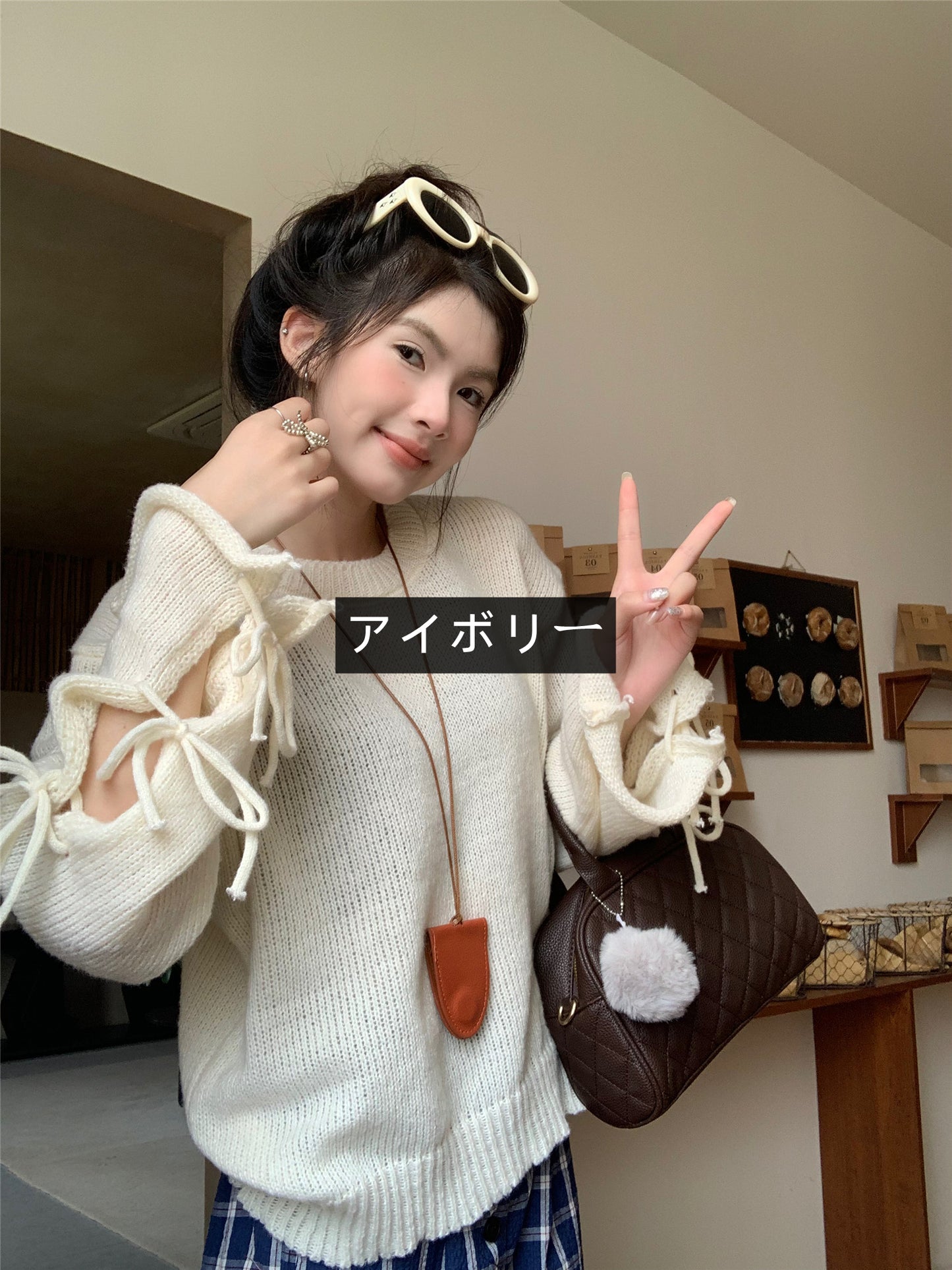 【tops】リボン長袖ニットセーターG23821