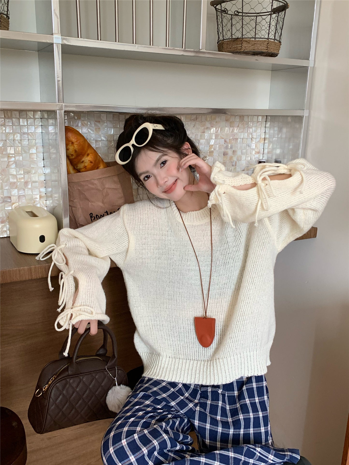 【tops】リボン長袖ニットセーターG23821