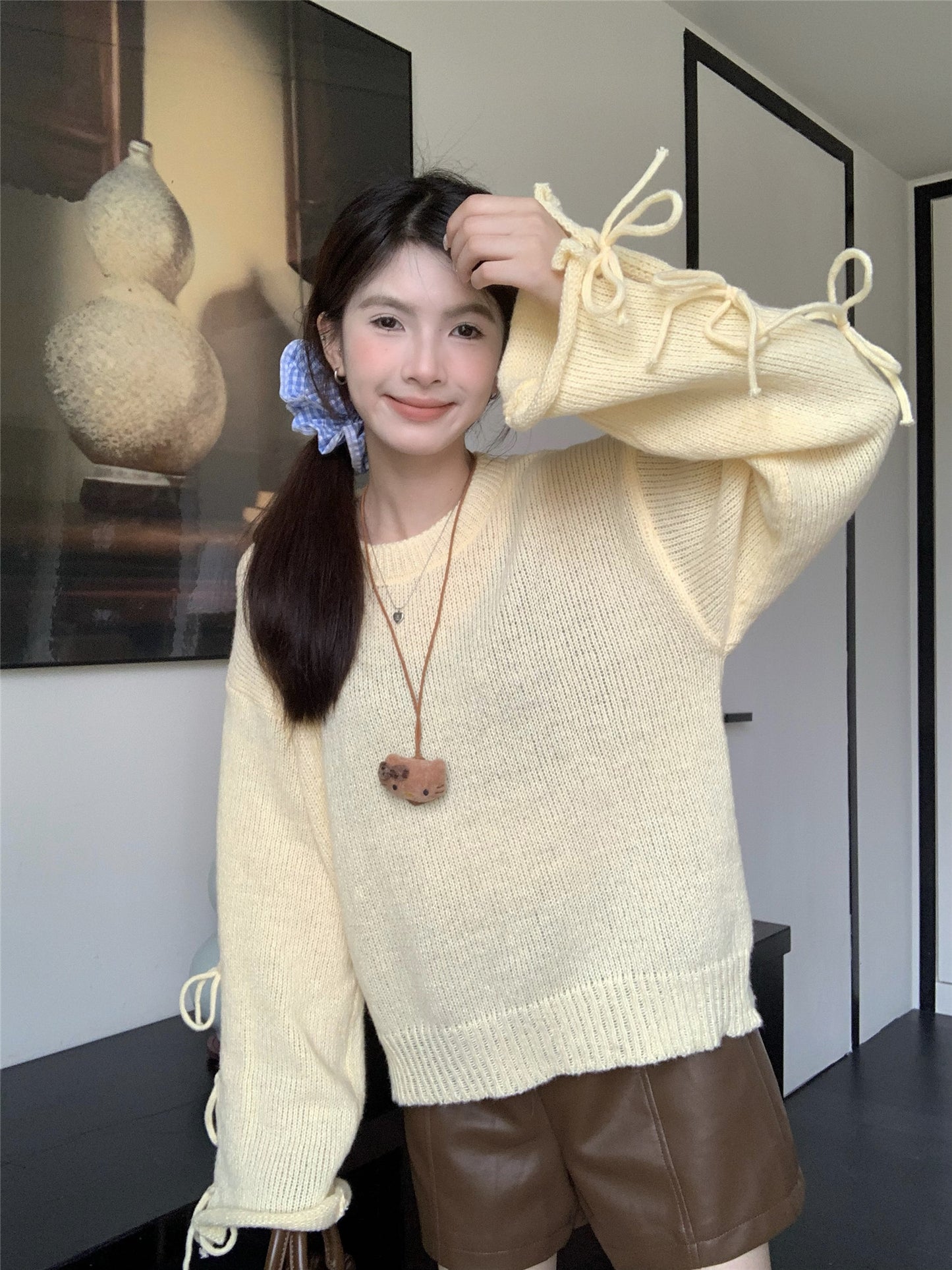 【tops】リボン長袖ニットセーターG23821