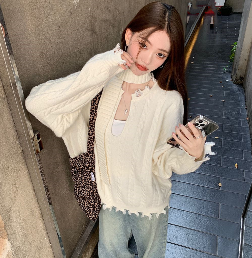 【tops】Uネック長袖ニットセーターG23824