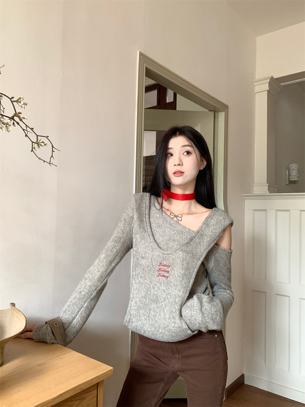 【tops】フード付き偽二つ切り替えニットG23834