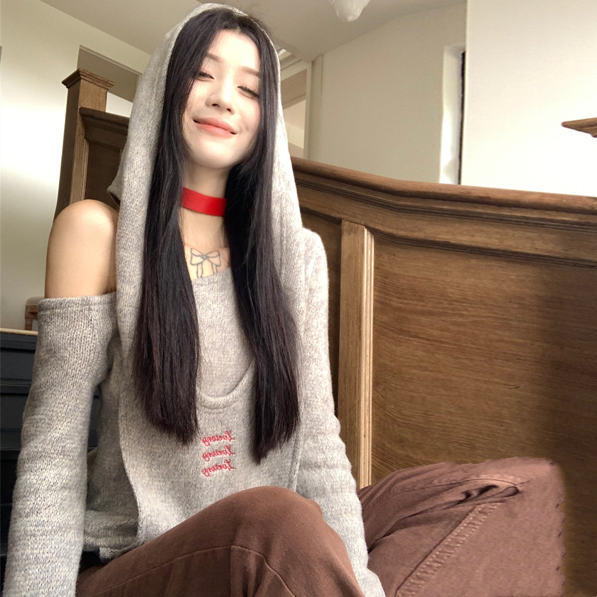 【tops】フード付き偽二つ切り替えニットG23834