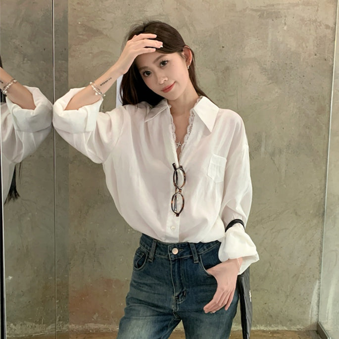 【tops】レース切り替え長袖シャツG23835