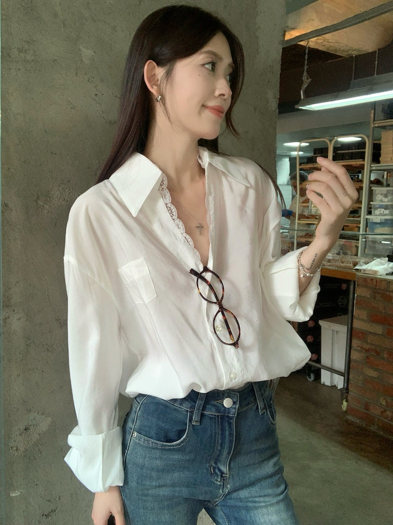 【tops】レース切り替え長袖シャツG23835