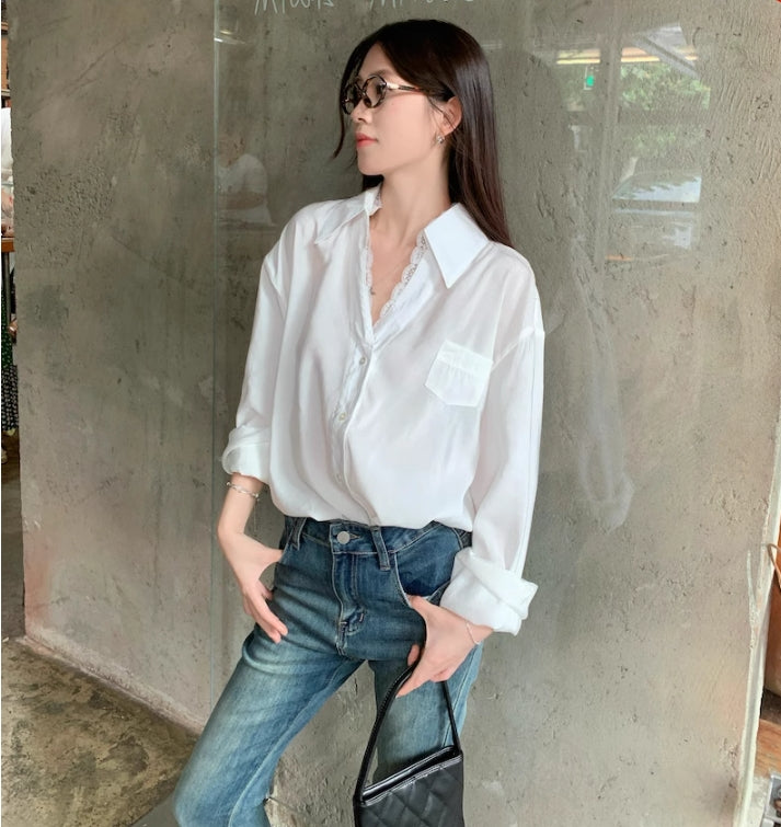 【tops】レース切り替え長袖シャツG23835