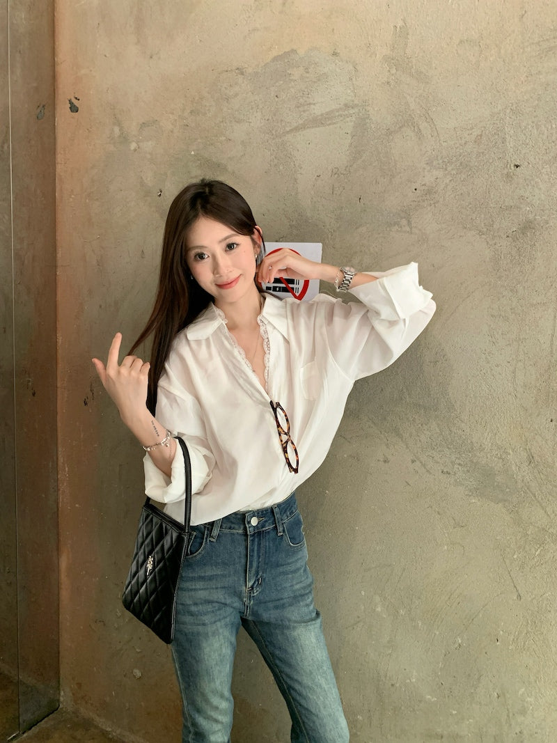 【tops】レース切り替え長袖シャツG23835