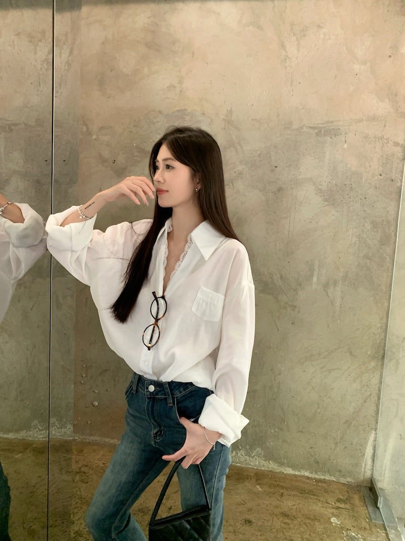 【tops】レース切り替え長袖シャツG23835