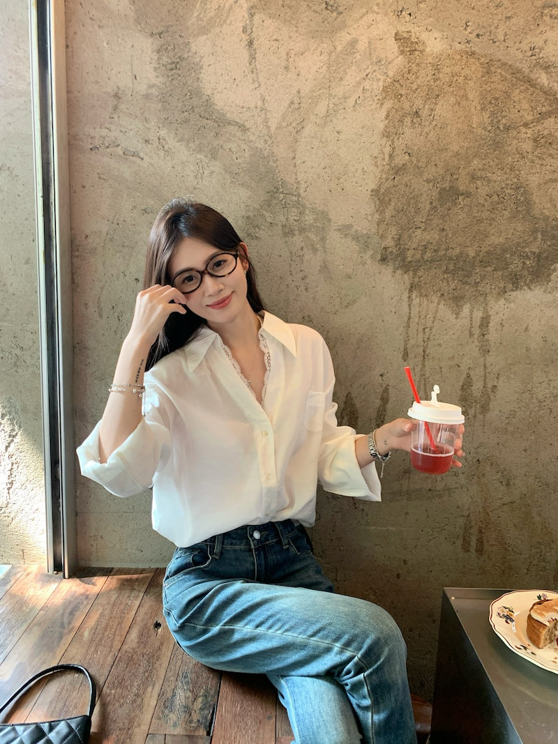 【tops】レース切り替え長袖シャツG23835