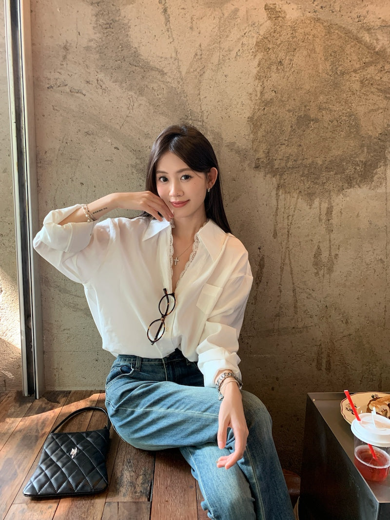 【tops】レース切り替え長袖シャツG23835