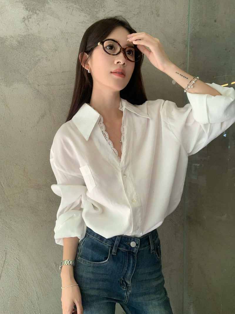 【tops】レース切り替え長袖シャツG23835