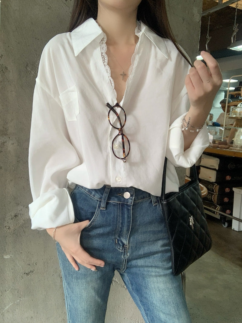 【tops】レース切り替え長袖シャツG23835