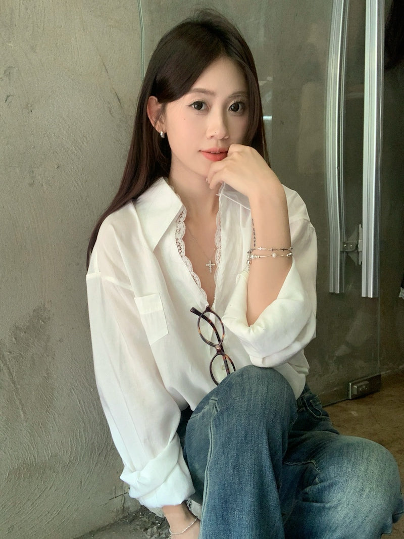 【tops】レース切り替え長袖シャツG23835