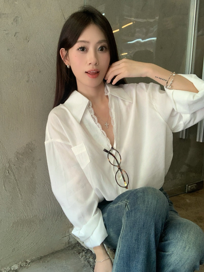 【tops】レース切り替え長袖シャツG23835