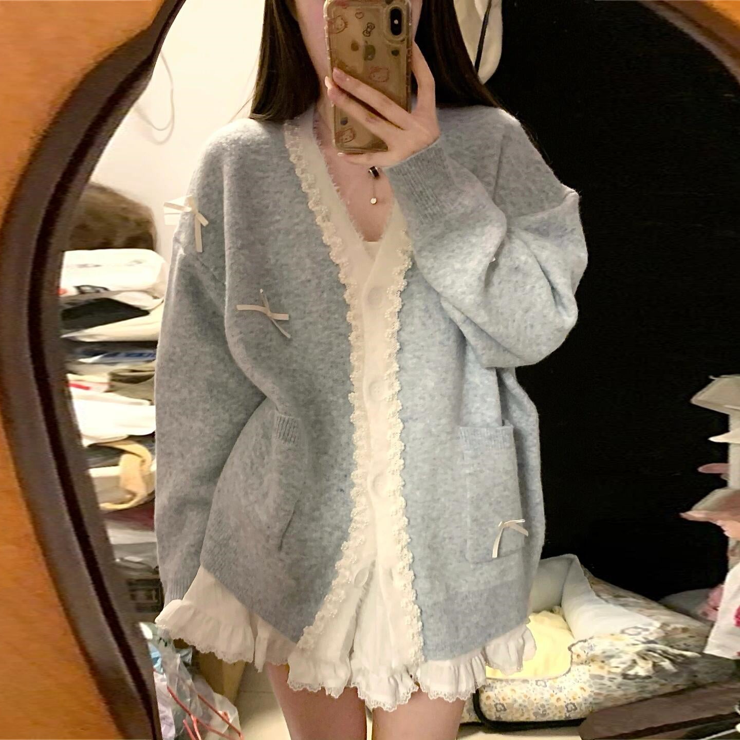 【outer】VネックレースニットカーディガンG23845