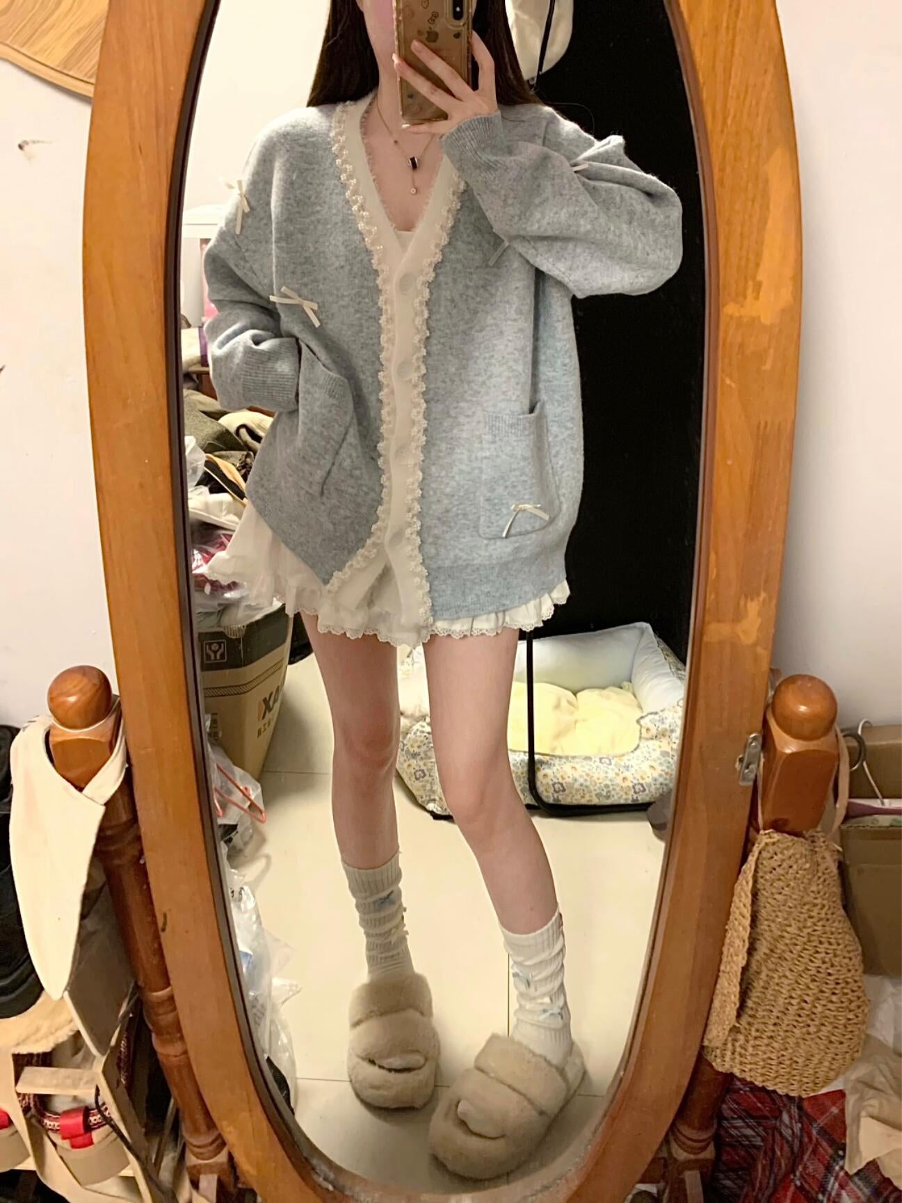 【outer】VネックレースニットカーディガンG23845