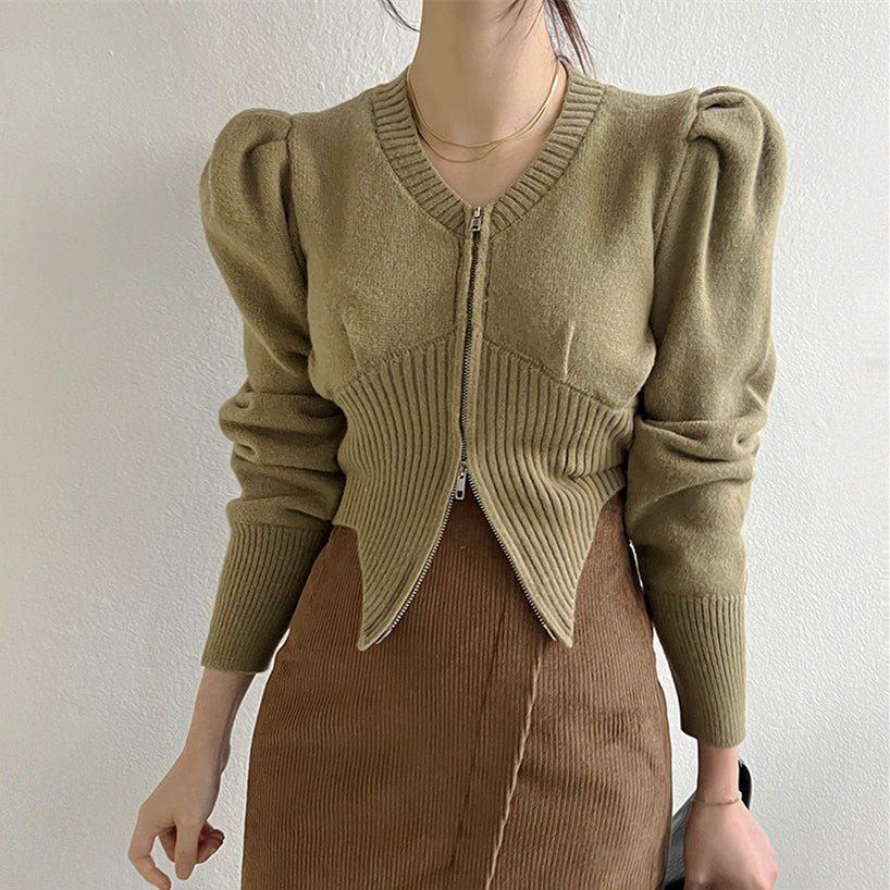 【tops】ファスナーパフスリーブニットセーターG23851