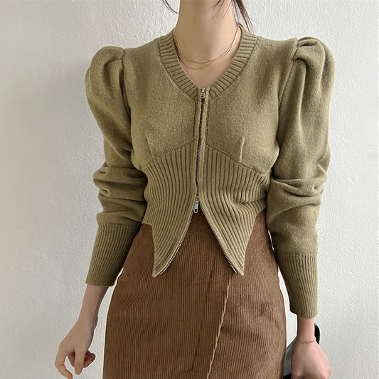 【tops】ファスナーパフスリーブニットセーターG23851