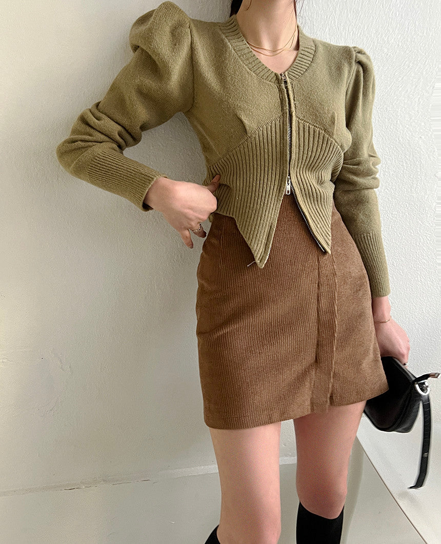 【tops】ファスナーパフスリーブニットセーターG23851