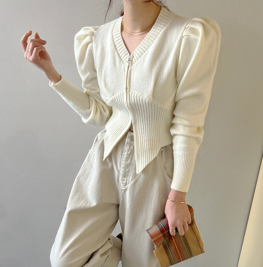 【tops】ファスナーパフスリーブニットセーターG23851