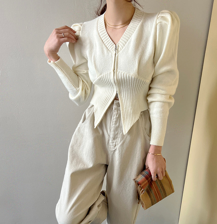 【tops】ファスナーパフスリーブニットセーターG23851