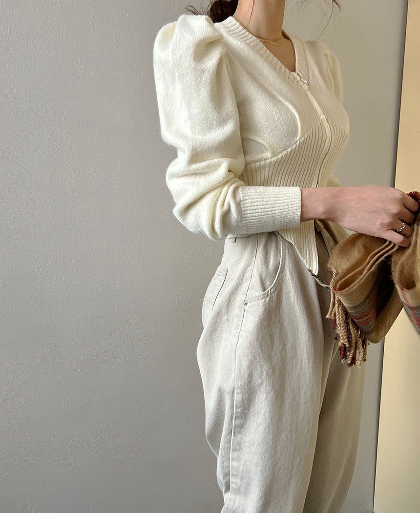 【tops】ファスナーパフスリーブニットセーターG23851