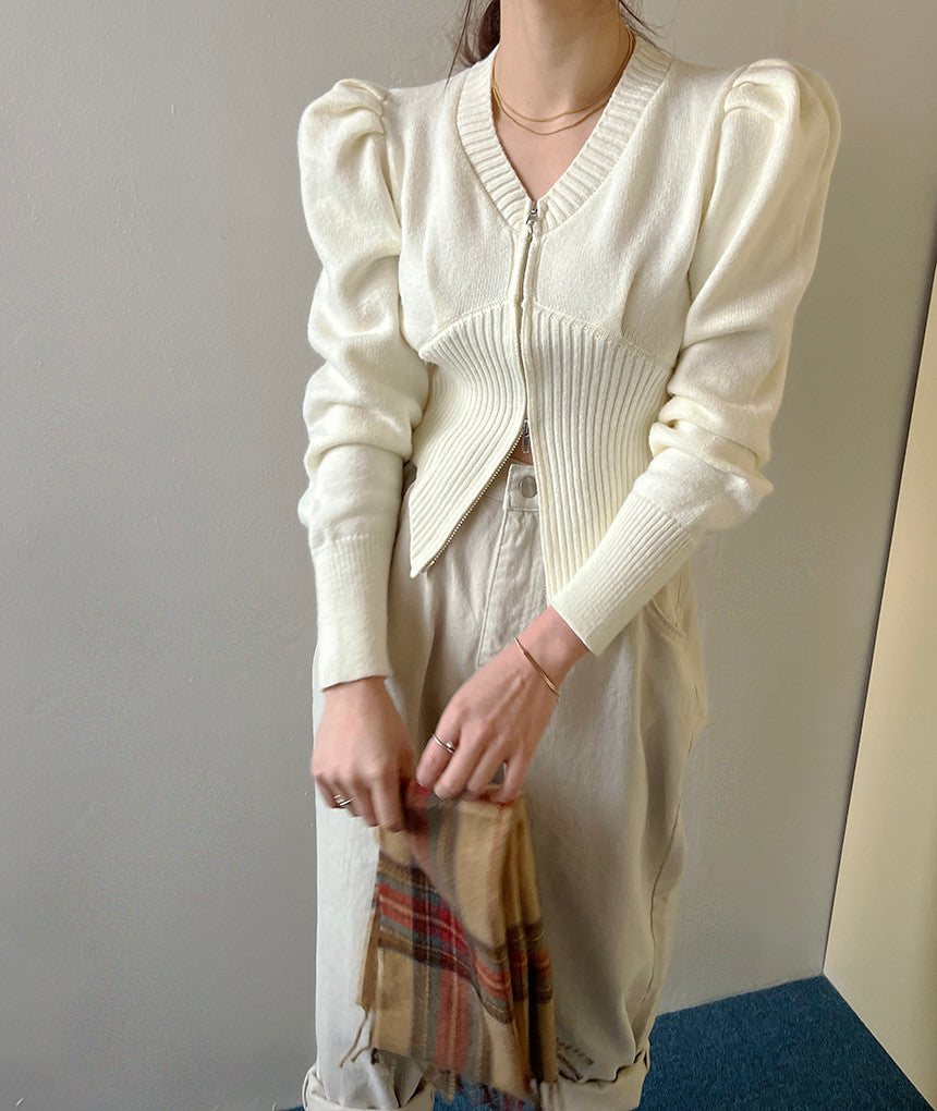 【tops】ファスナーパフスリーブニットセーターG23851