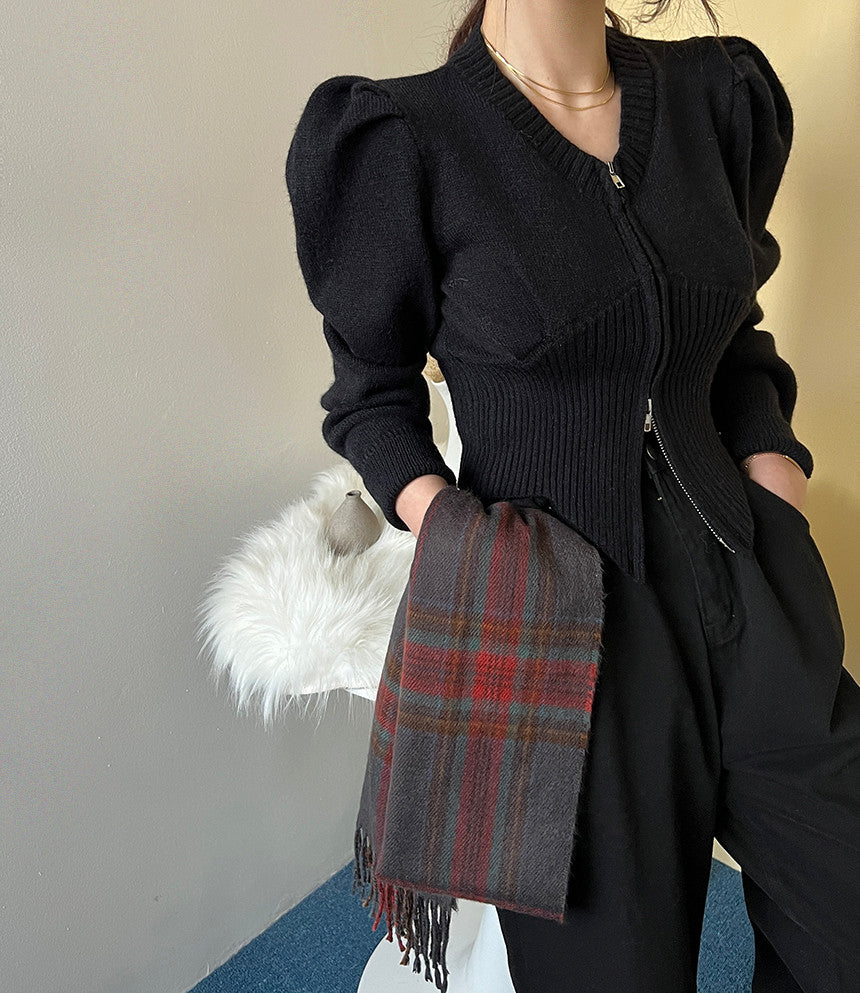 【tops】ファスナーパフスリーブニットセーターG23851