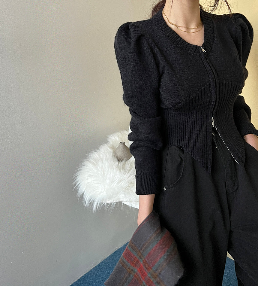 【tops】ファスナーパフスリーブニットセーターG23851