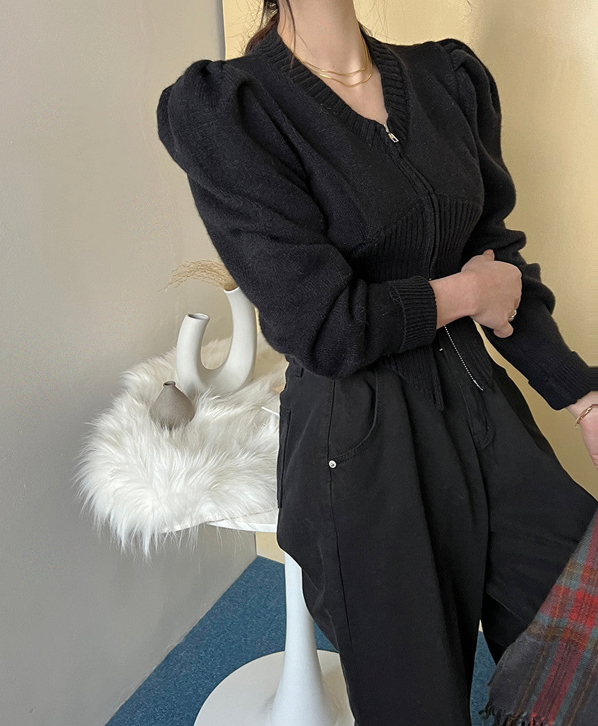 【tops】ファスナーパフスリーブニットセーターG23851