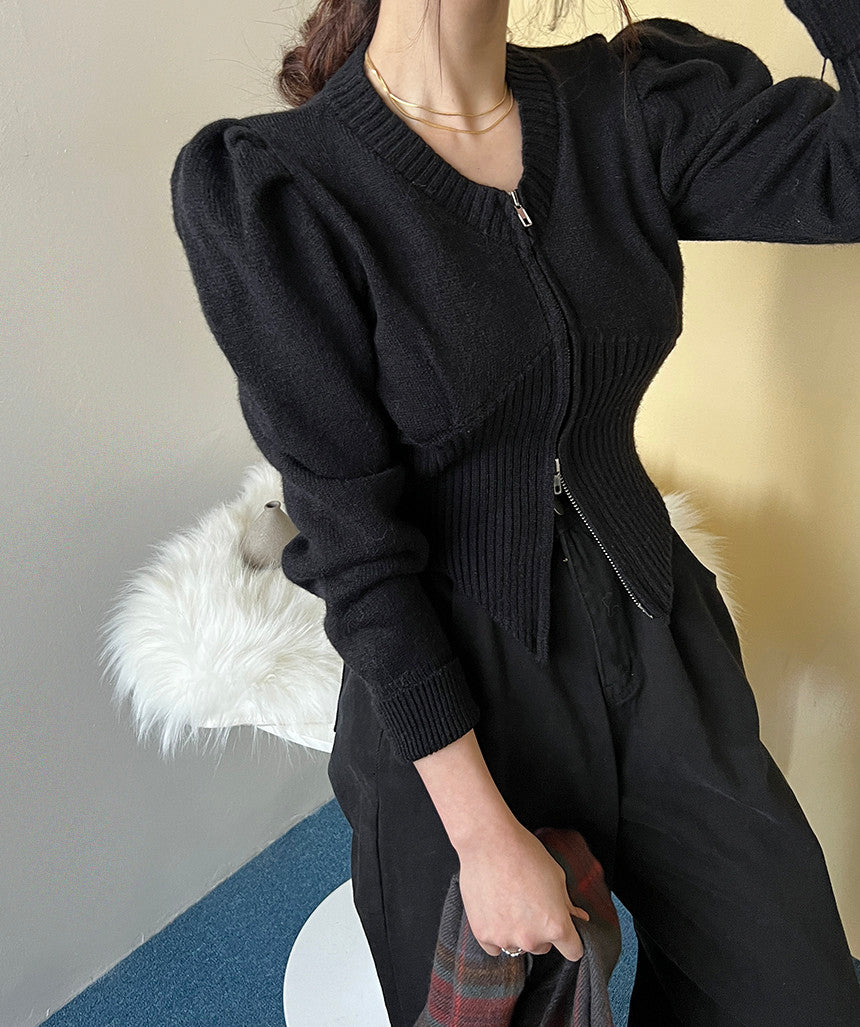 【tops】ファスナーパフスリーブニットセーターG23851