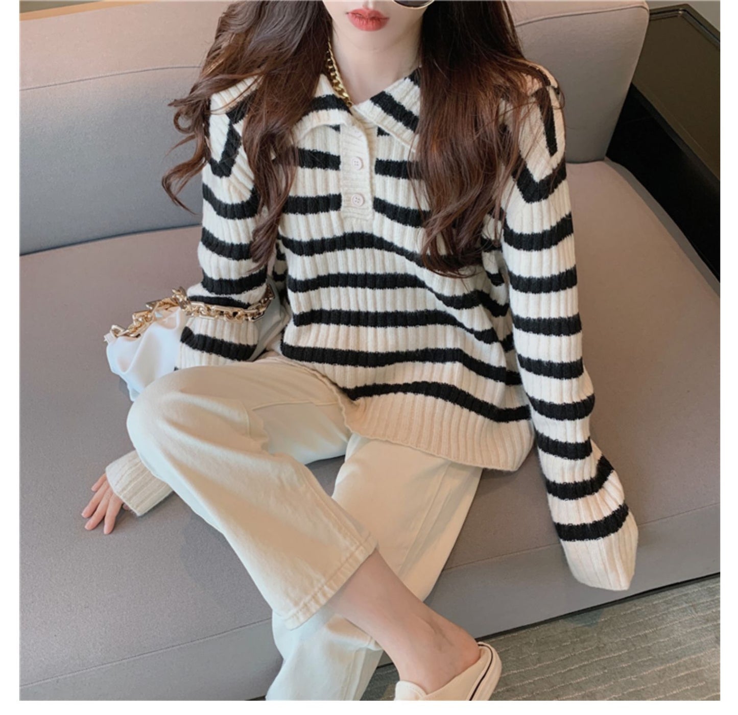 【tops】ストライプ柄ニットセーターG23862