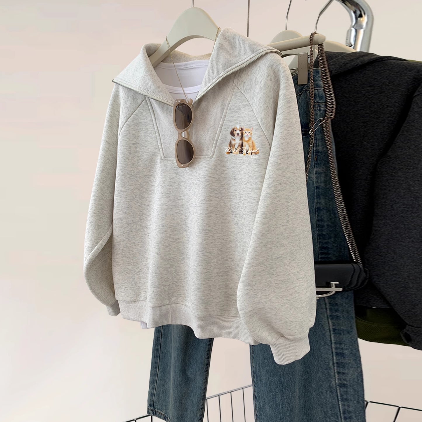 【tops】プリント折り襟ファスナーパーカーG23908