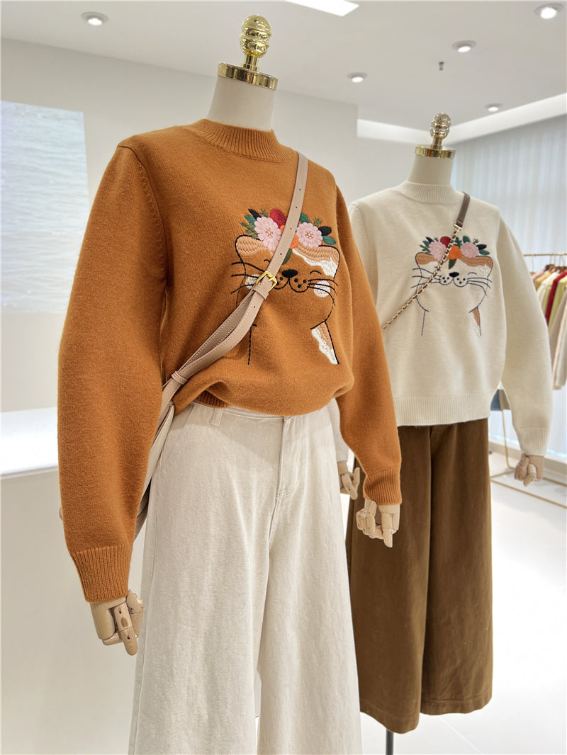 【tops】キュート刺繍厚手ニットセーターG23911