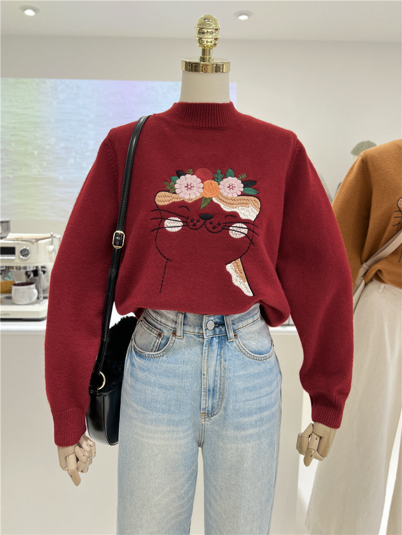 【tops】キュート刺繍厚手ニットセーターG23911