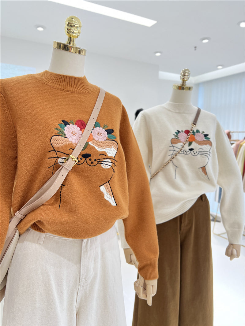 【tops】キュート刺繍厚手ニットセーターG23911